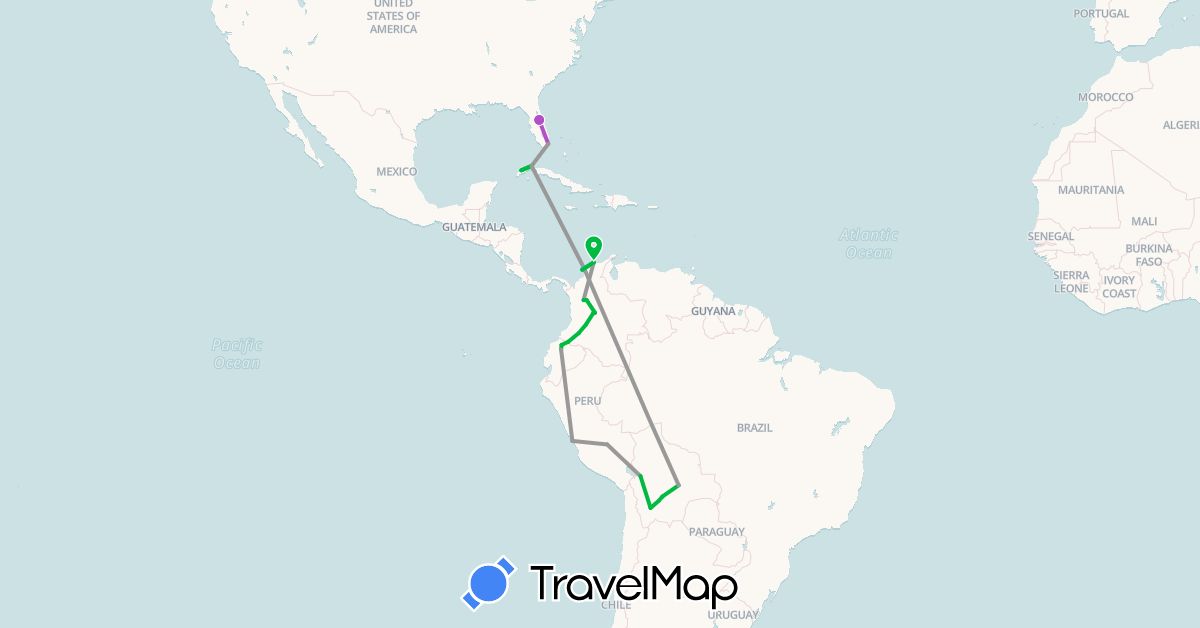 TravelMap itinerary: bus, plane, train, boat in Bolivia, Colombia, Cuba, Ecuador, Peru, United States (North America, South America)